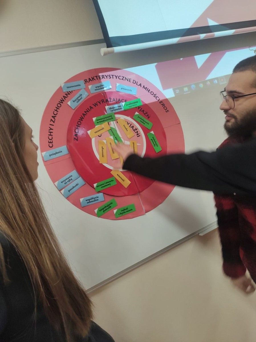 Prowadzący tłumaczący zasady pracy z kołem pracy przy tablicy.